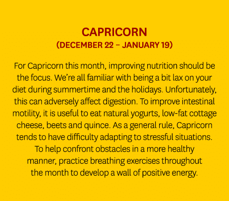 Capricorn (December 22 – January 19) For Capricorn this month, improving nutrition should be the focus. We’re all fam...