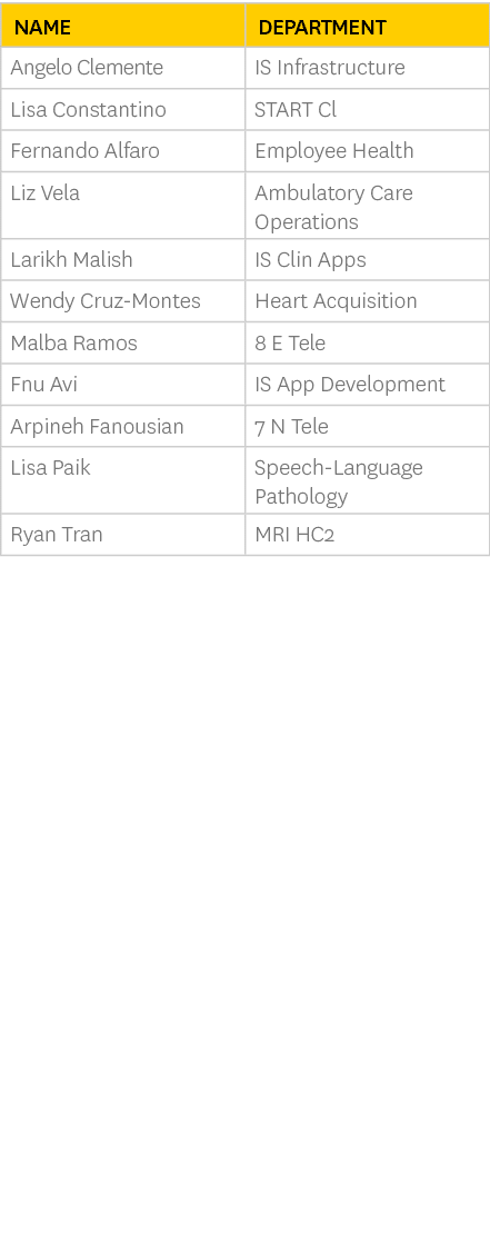 Name,Department,Angelo Clemente,IS Infrastructure,Lisa Constantino,START Cl,Fernando Alfaro,Employee Health,Liz Vela,...