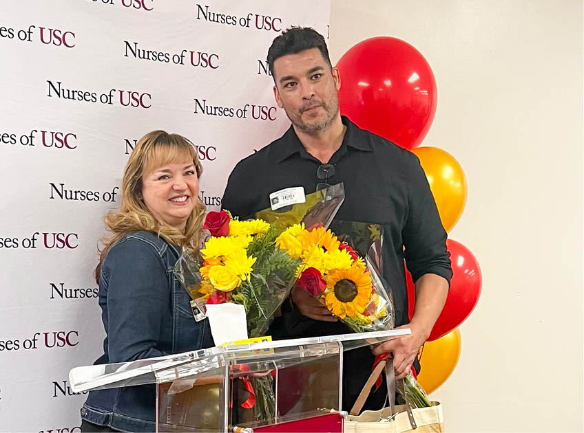 Roslyn Garrigan Nott (patient) and Anthony Salazar (patient) Keck Hospital's ECMO Celebration Event (ECMO - Extracorporeal Membrane Oxygenation, is a life-supporting intervention that provides heart-lung bypass support outside the body) Keck Medicine of USC. (Photo courtesy of Keck Medicine of USC)
