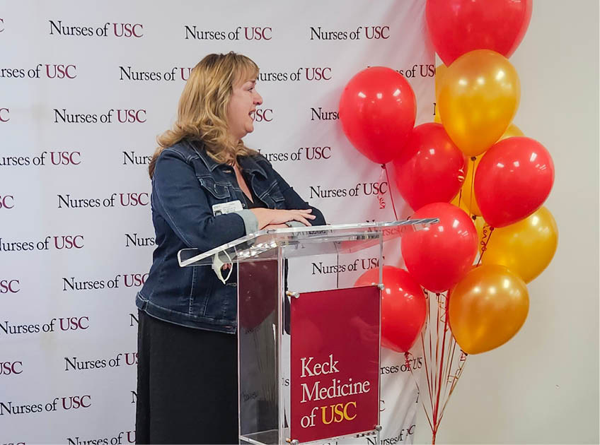 Roslyn Garrigan Nott (patient) Keck Hospital's ECMO Celebration Event (ECMO - Extracorporeal Membrane Oxygenation, is a life-supporting intervention that provides heart-lung bypass support outside the body) Keck Medicine of USC. (Photo courtesy of Keck Medicine of USC)