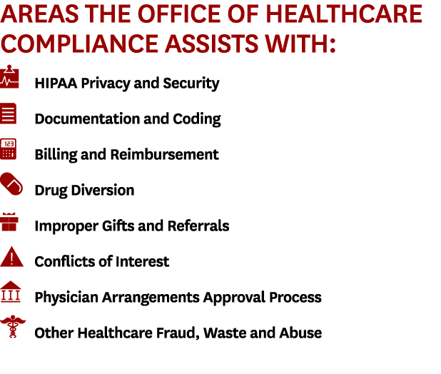 Areas the Office of Healthcare Compliance Assists with: ￼ HIPAA Privacy and Security ￼ Documentation and Coding ￼ Bil...