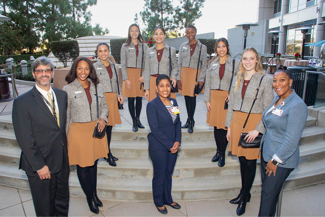 Pasadena Rose Court visits USC Norris Comprehensive Cancer Center and Hospital - Keck Medicine of USC. Rose Court from L-R: Emmerson Tucker, Blair High School; Olivia Bohanec, La Salle College Preparatory; Phoebe Ho, South Pasadena High School; Naomi Stillitano, Arcadia High School; Mia Moore-Walker, Flintridge Preparatory School; Trinity Dela Cruz, Marshall Fundamental School; Jessica Powell, Flintridge Preparatory School;