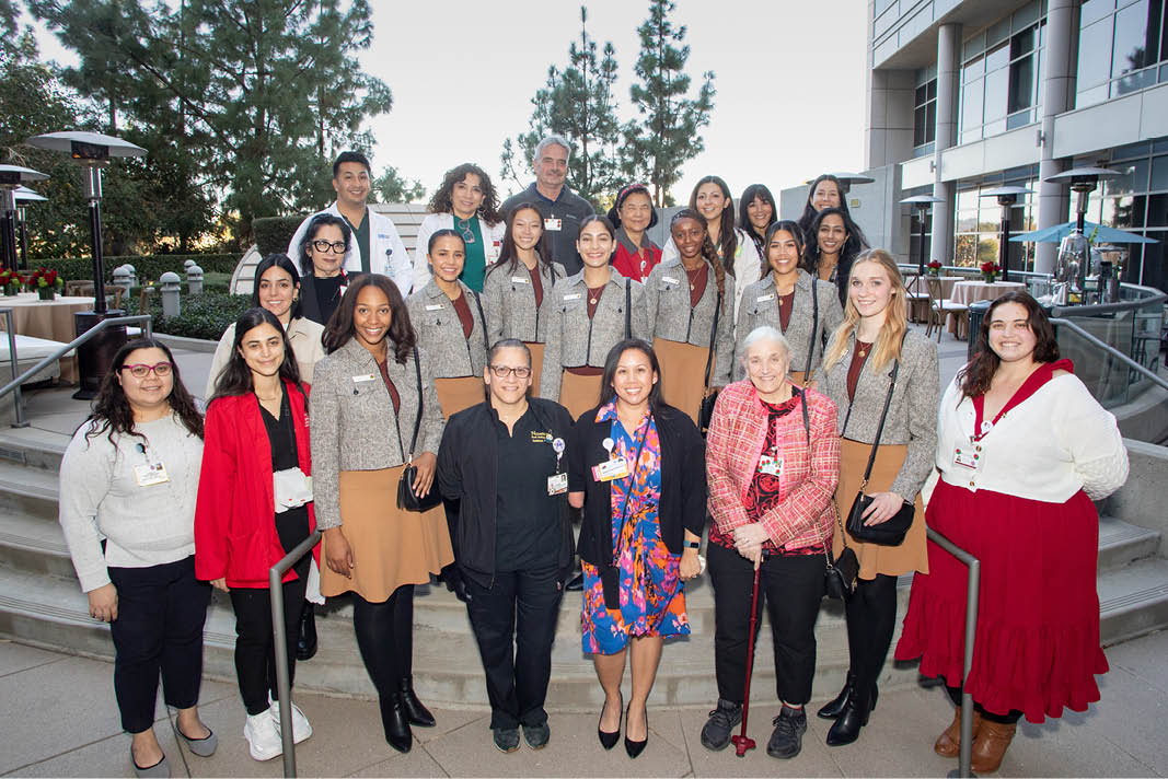 Pasadena Rose Court visits USC Norris Comprehensive Cancer Center and Hospital - Keck Medicine of USC. Rose Court from L-R: Emmerson Tucker, Blair High School; Olivia Bohanec, La Salle College Preparatory; Phoebe Ho, South Pasadena High School; Naomi Stillitano, Arcadia High School; Mia Moore-Walker, Flintridge Preparatory School; Trinity Dela Cruz, Marshall Fundamental School; Jessica Powell, Flintridge Preparatory School;