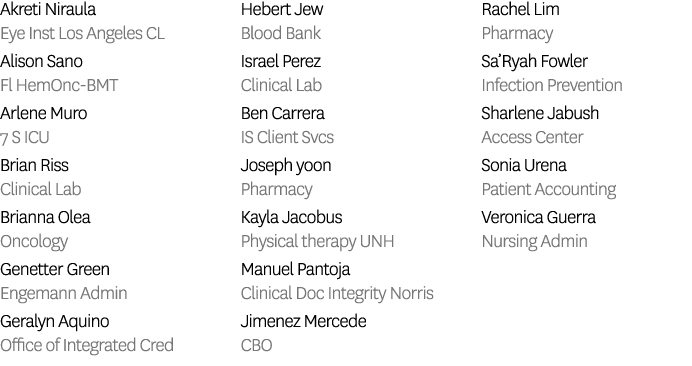 Akreti Niraula Eye Inst Los Angeles CL Alison Sano Fl HemOnc BMT Arlene Muro 7 S ICU Brian Riss Clinical Lab Brianna ...