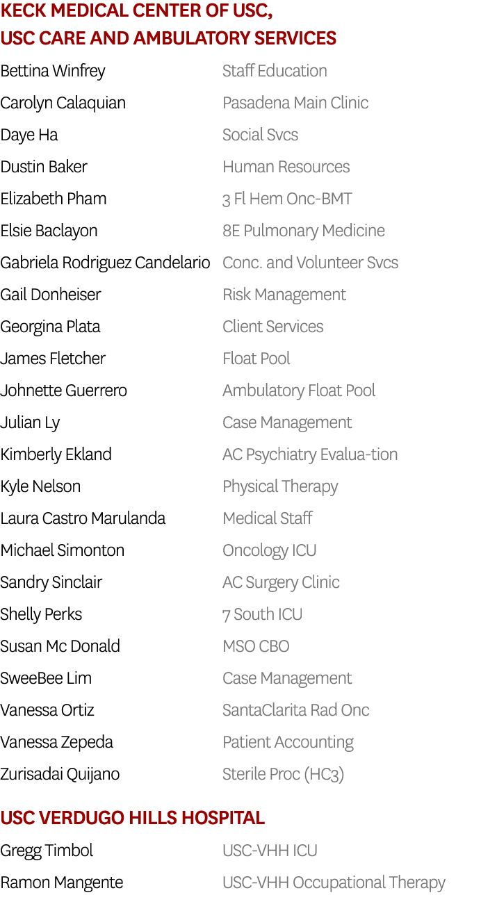 Keck Medical Center of USC, USC Care and Ambulatory Services Bettina Winfrey Staff Education Carolyn Calaquian Pasade...