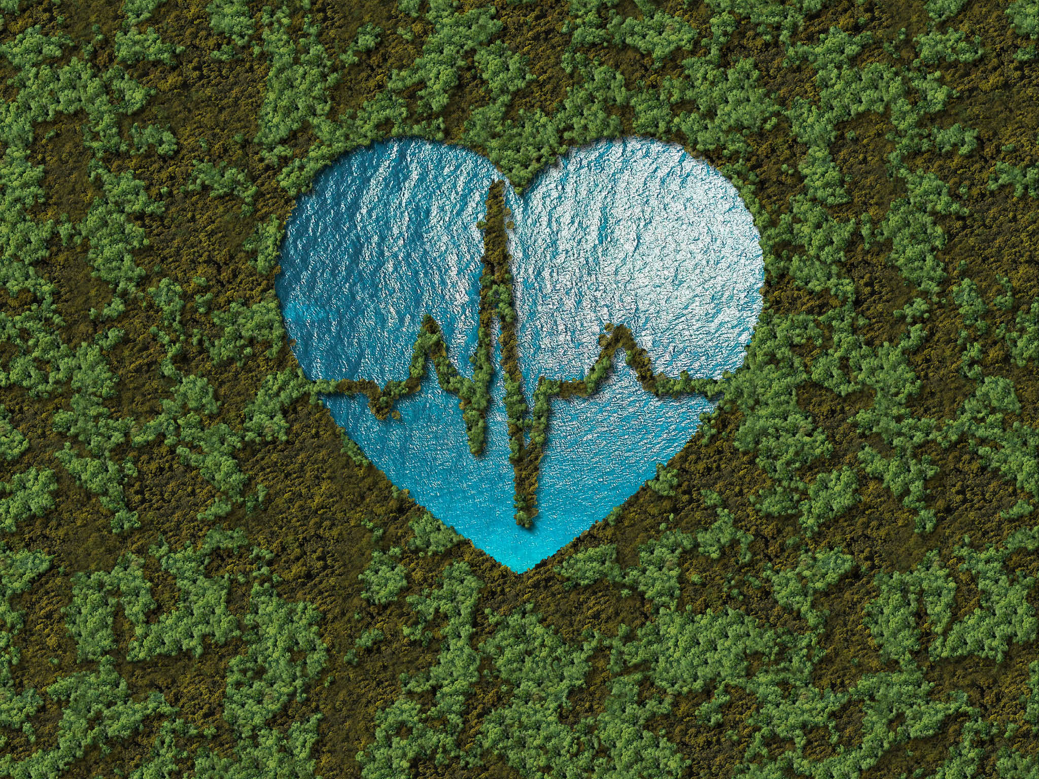 World Heart Day green forest 3D Lake. Eco-friendly love heart with green trees, mountain on an ocean. Health Day, Heart Day, Save nature, environment, earth, and eco-friendly event.