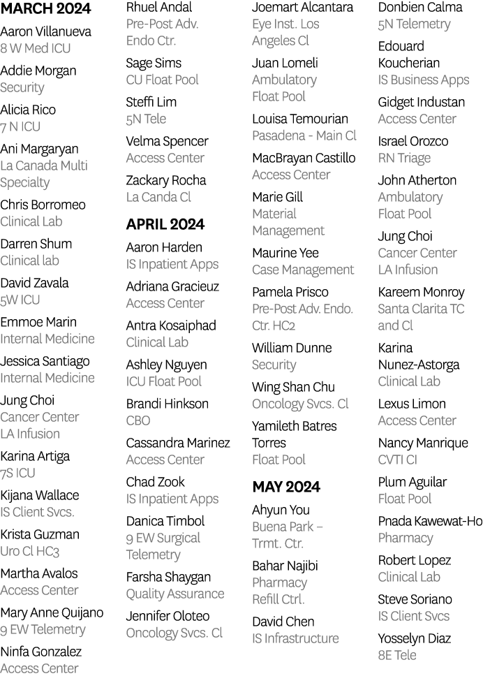 March 2024 Aaron Villanueva 8 W Med ICU Addie Morgan Security Alicia Rico 7 N ICU Ani Margaryan La Canada Multi Speci...