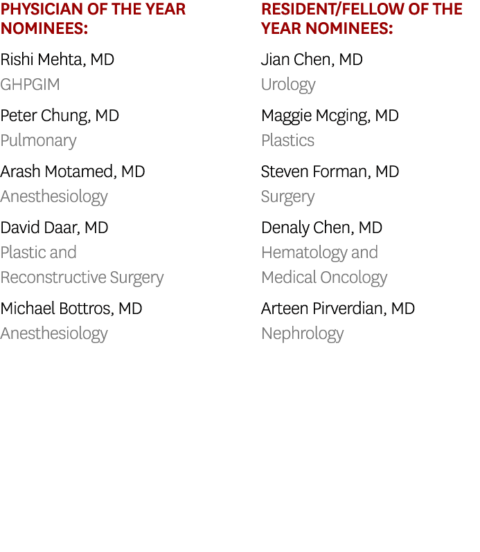 Physician of the Year Nominees: Rishi Mehta, MD GHPGIM Peter Chung, MD Pulmonary Arash Motamed, MD Anesthesiology Dav...
