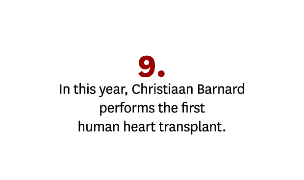 9. In this year, Christiaan Barnard performs the first human heart transplant.