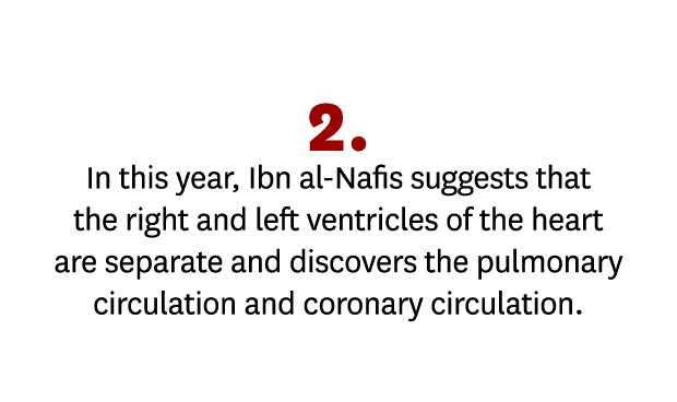 2. In this year, Ibn al Nafis suggests that the right and left ventricles of the heart are separate and discovers the...