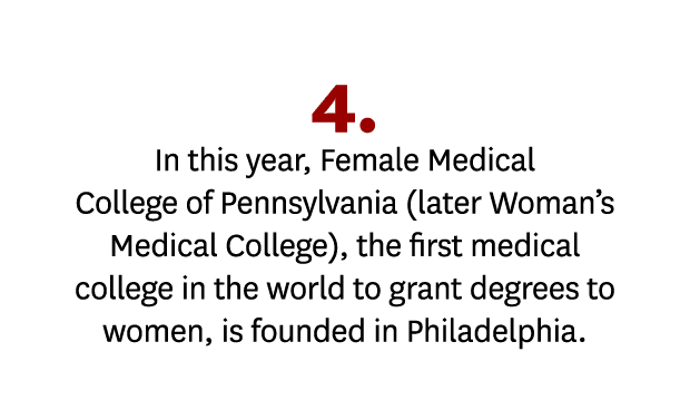 4. In this year, Female Medical College of Pennsylvania (later Woman’s Medical College), the first medical college in...