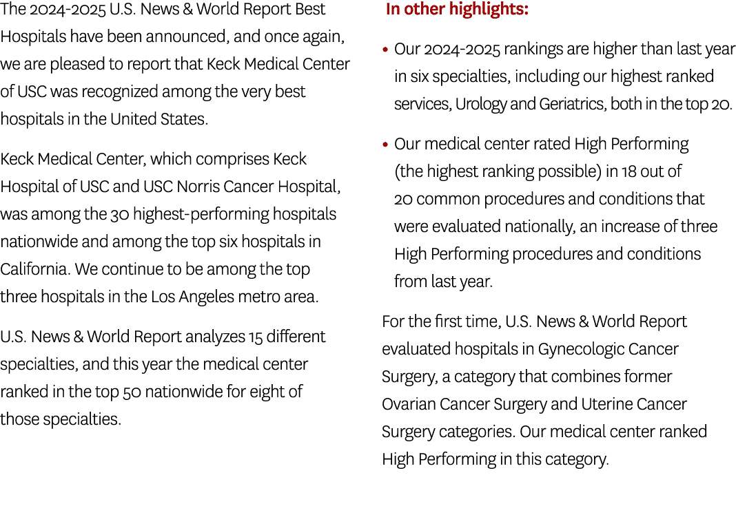 The 2024 2025 U.S. News & World Report Best Hospitals have been announced, and once again, we are pleased to report t...