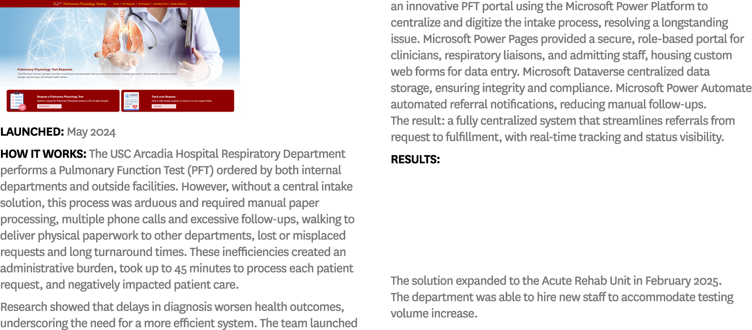 ￼ Launched: May 2024 How it works: The USC Arcadia Hospital Respiratory Department performs a Pulmonary Function Test...