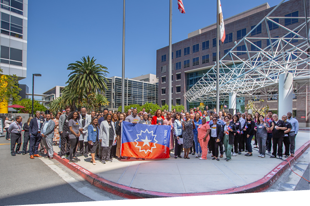 Juneteenth (June 19) celebrates the emancipation of all enslaved Black people in the U.S. -Juneteenth flag raising event celebration at Keck Medicine of USC.
