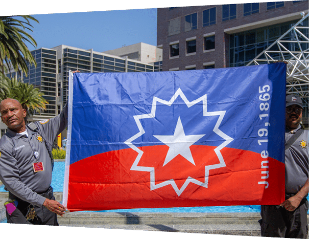 Juneteenth (June 19) celebrates the emancipation of all enslaved Black people in the U.S. -Juneteenth flag raising event celebration at Keck Medicine of USC.