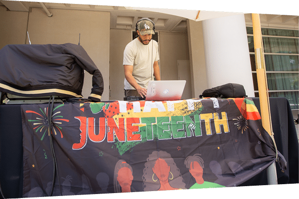 Juneteenth (June 19) celebrates the emancipation of all enslaved Black people in the U.S. -Juneteenth flag raising event celebration at Keck Medicine of USC.