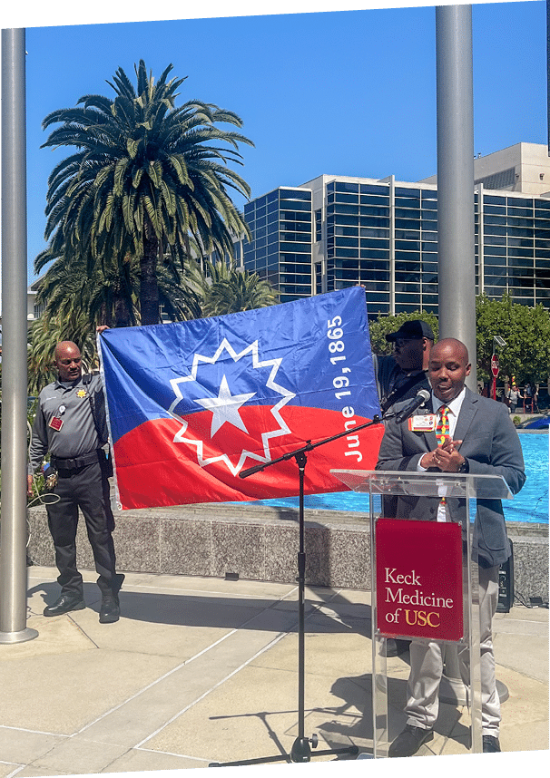 Juneteenth (June 19) celebrates the emancipation of all enslaved Black people in the U.S. -Juneteenth flag raising event celebration at Keck Medicine of USC.