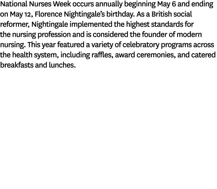 National Nurses Week occurs annually beginning May 6 and ending on May 12, Florence Nightingale’s birthday. As a Brit...