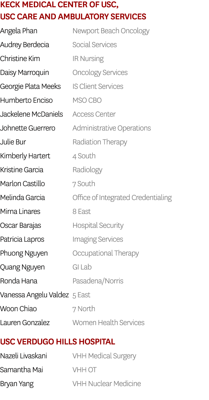 Keck Medical Center of USC, USC Care and Ambulatory Services Angela Phan Newport Beach Oncology Audrey Berdecia Socia   