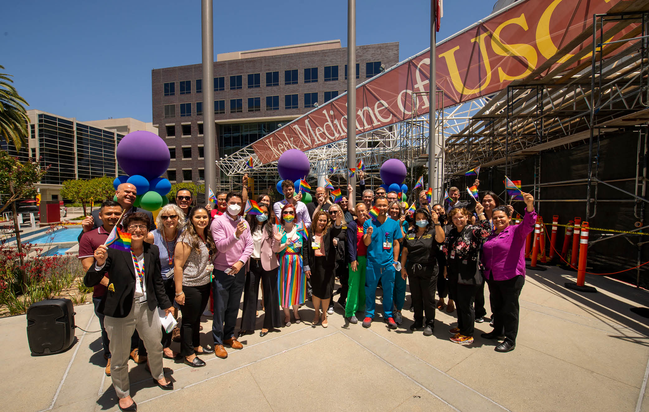 USC Keck Medicine of USC staff turns out during the raising ceremony of the Progress Pride Flag on the first day of Pride Month, June 1, 2022  (Photo Gus Ruelas)  