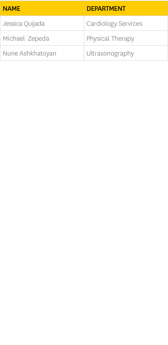 Name,Department,Jessica Quijada,Cardiology Services,Michael Zepeda,Physical Therapy,Nune Ashkhatoyan,Ultrasonography