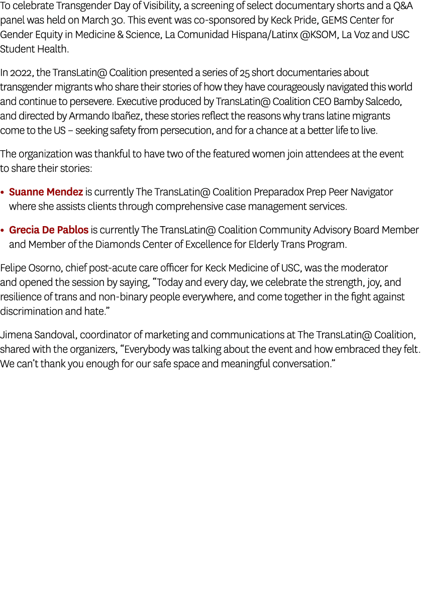 To celebrate Transgender Day of Visibility, a screening of select documentary shorts and a Q&A panel was held on Marc...