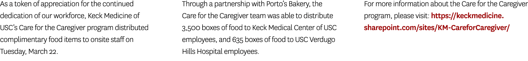 As a token of appreciation for the continued dedication of our workforce, Keck Medicine of USC s Care for the Caregiv   