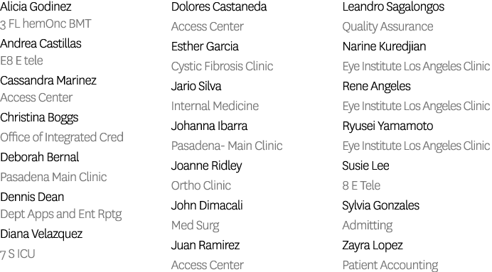 Alicia Godinez 3 FL hemOnc BMT Andrea Castillas E8 E tele Cassandra Marinez Access Center Christina Boggs Office of I...