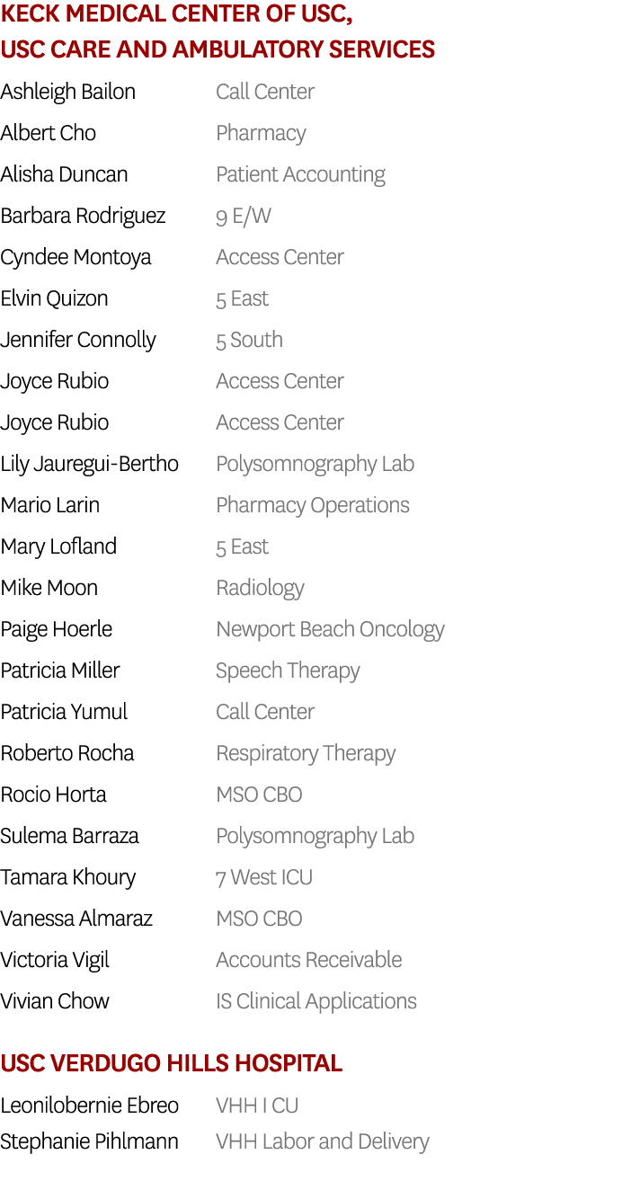Keck Medical Center of USC, USC Care and Ambulatory Services Ashleigh Bailon Call Center Albert Cho Pharmacy Alisha D   