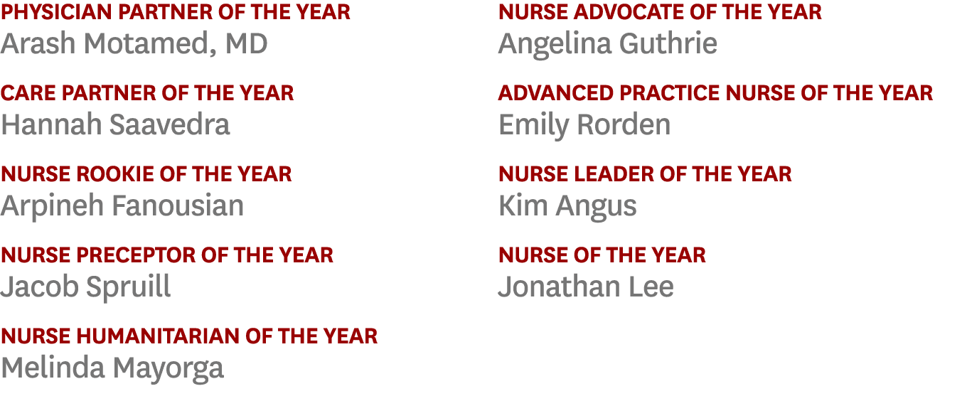 Physician Partner of the Year Arash Motamed, MD Care Partner of the Year Hannah Saavedra Nurse Rookie of the Year Arp   