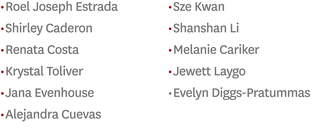   Roel Joseph Estrada   Shirley Caderon   Renata Costa   Krystal Toliver   Jana Evenhouse   Alejandra Cuevas   Sze Kw   