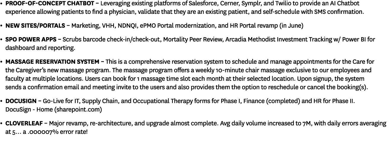   Proof-of-Concept Chatbot   Leveraging existing platforms of Salesforce, Cerner, Symplr, and Twilio to provide an AI   