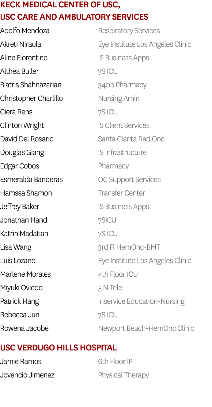 Keck Medical Center of USC, USC Care and Ambulatory Services Adolfo Mendoza Respiratory Services Akreti Niraula Eye I...