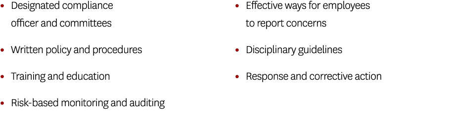 • Designated compliance officer and committees • Written policy and procedures • Training and education • Risk based ...
