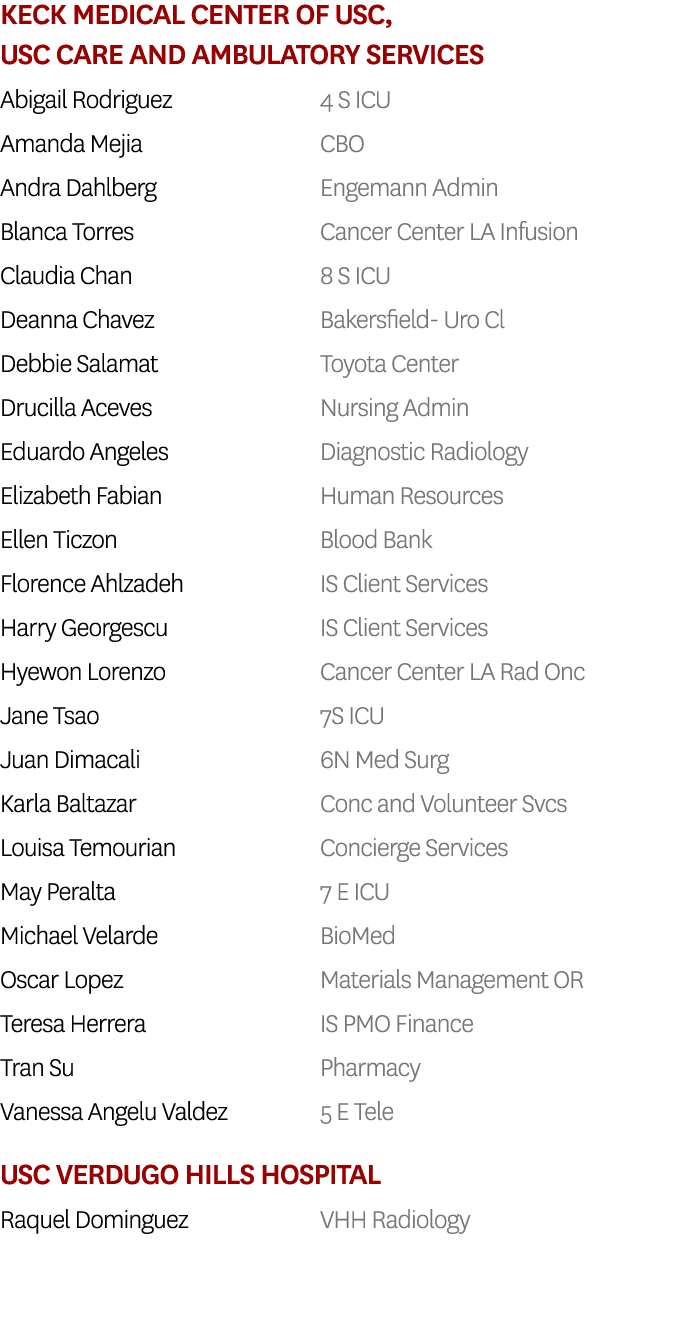 Keck Medical Center of USC, USC Care and Ambulatory Services Abigail Rodriguez 4 S ICU Amanda Mejia CBO Andra Dahlber...