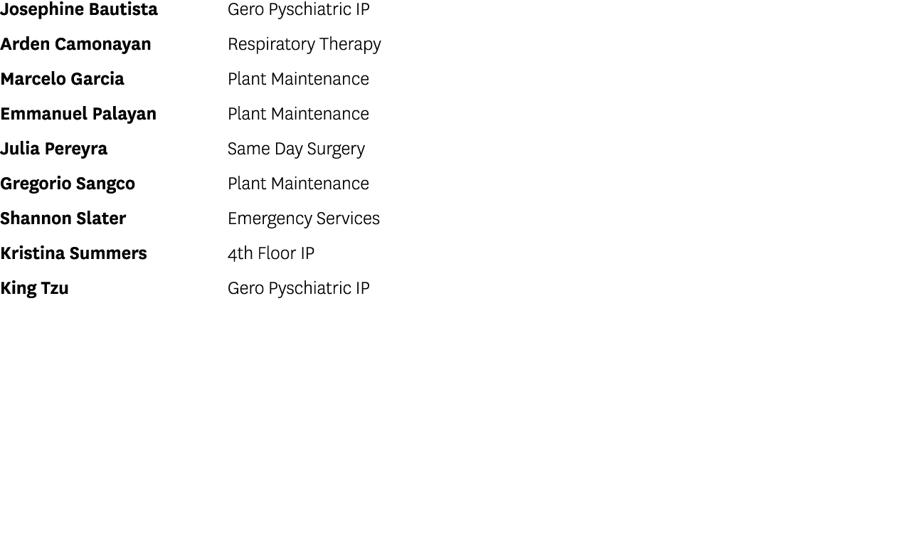 Josephine Bautista Gero Pyschiatric IP Arden Camonayan Respiratory Therapy Marcelo Garcia Plant Maintenance Emmanuel ...