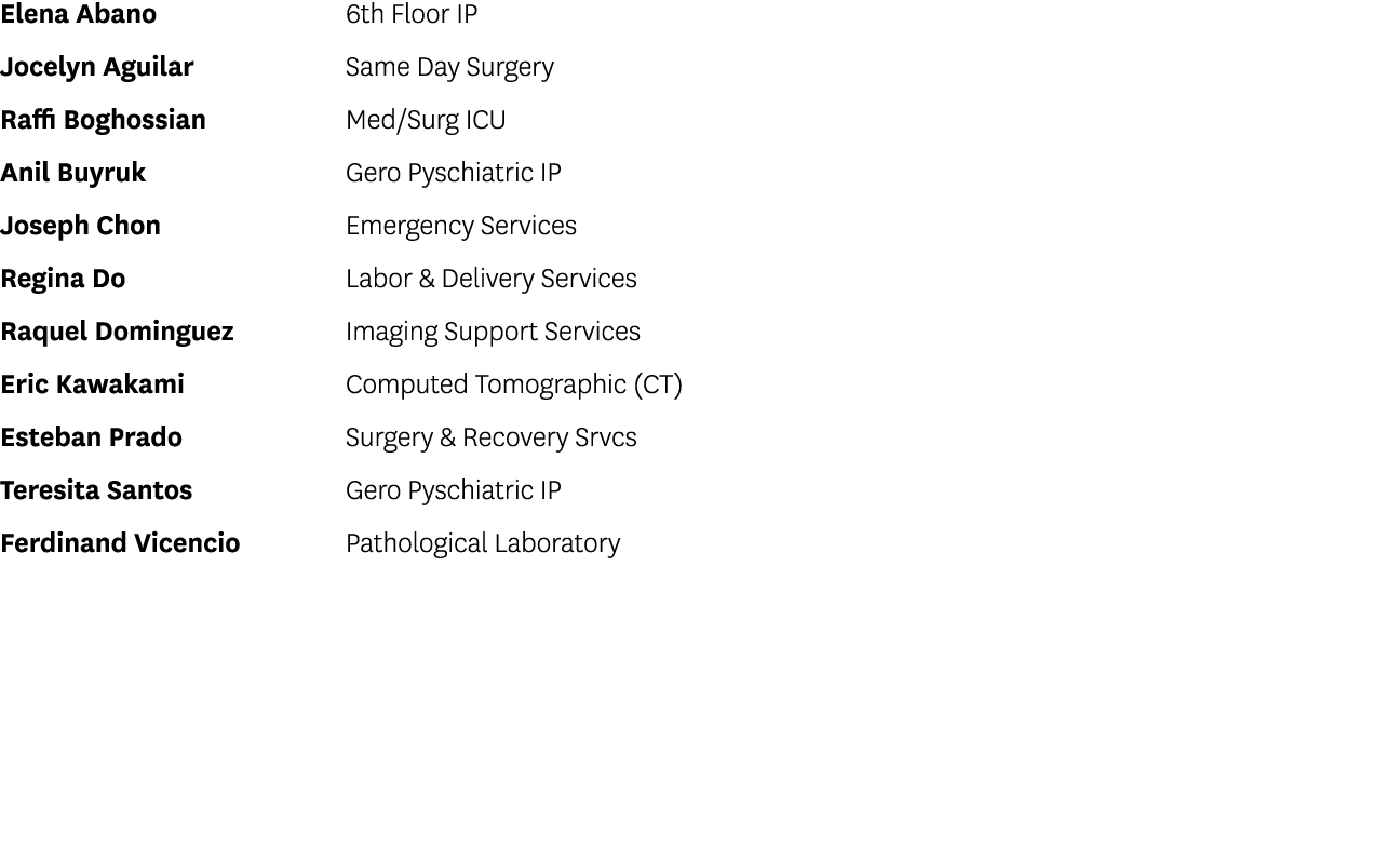 Elena Abano 6th Floor IP Jocelyn Aguilar Same Day Surgery Raffi Boghossian Med/Surg ICU Anil Buyruk Gero Pyschiatric ...