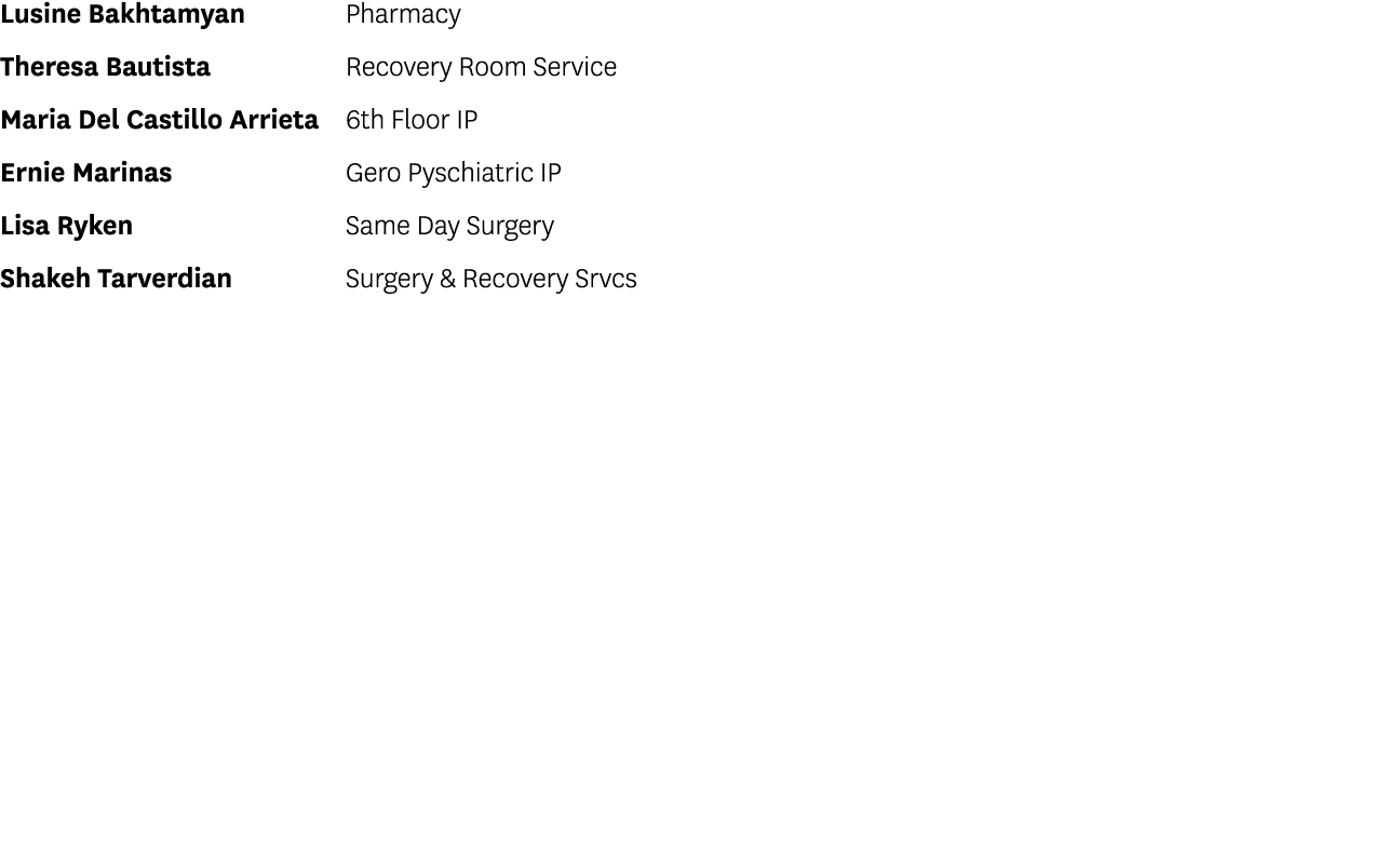 Lusine Bakhtamyan Pharmacy Theresa Bautista Recovery Room Service Maria Del Castillo Arrieta 6th Floor IP Ernie Marin...